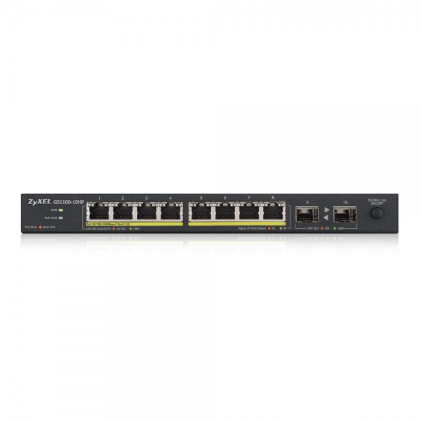 Zyxel Switch unmanaged Layer2 10 Port • 8x 1 GbE • PoE Budget 130 Watt • 8x PoE at • 2x SFP • Desktop • Lüfterlos • GS1100-10HPV2