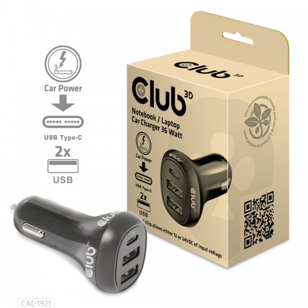 Club 3D Netzteil KFZ 3-fach 12V-24V 36W - 2x USB-A, 1x USB-C