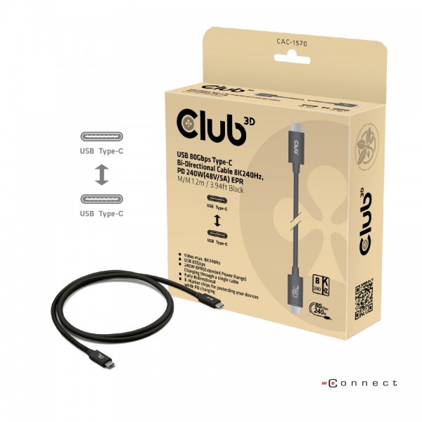 Kabel USB 3.2 C (St) => C (St) 1,2m *Club 3D* 80Gbps 240W 8K240Hz