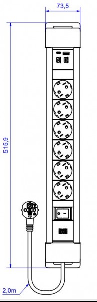 Bachmann Steckdosenleiste, CONNECTUS 6xCEE7/3 1xSchalter 1xUSB A/C 22W 2,0m CEE7/7 Grau