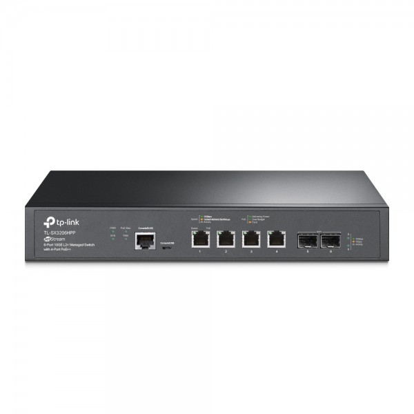TP-Link Switch full managed Layer2+ 6 Port • 4x 10 GbE • PoE Budget 200 Watt • 4x PoE bt • 4x 10GbE • 2x SFP+ 19? • Omada • SX3206HPP