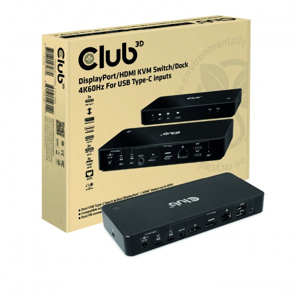 Club 3D Dockingstation - USB 3.2 Gen1 Typ-C, 2 Ports Hub mit Gigabit Ethernet / KVM Switch