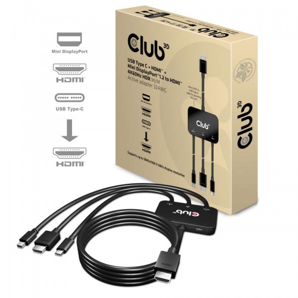 Adapter USB-C + HDMI + Mini DisplayPort 1.2 =&gt; HDMI 4K60Hz HDR *Club3D* Aktiv 32 AWG