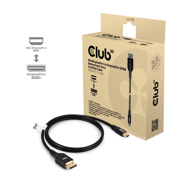 Club3D Cable certificado VESA Mini Displayport a DisplayPort DP80 Bidireccional, 1m