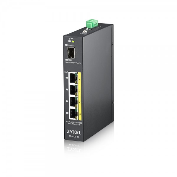 Zyxel Switch unmanaged Layer2 5 Port • 4x 1 GbE • PoE Budget 120 Watt • 4x PoE at • 1x SFP • Industrial • Lüfterlos • RGS100-5P