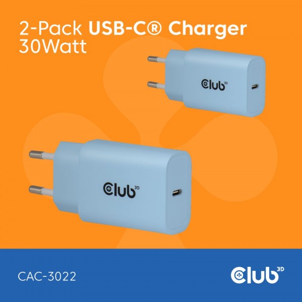 Club 3D Netzteil USB Typ C 1-fach 30W LIFESTYLE *Blau* 2-Pack