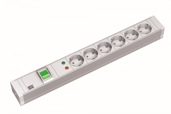 Bachmann Steckdosenleiste, 19&quot;, 6xDosen(CEE7)-&gt;Stecker(CEE7), ÜS/Schalter, PVC, &gt;1HE,