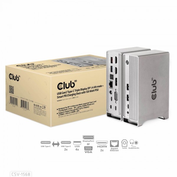 Club 3D USB Gen2 Type-C Triple pantalla DP? 1.4 Modo alternativo con base de carga Smart PD de 120W PS