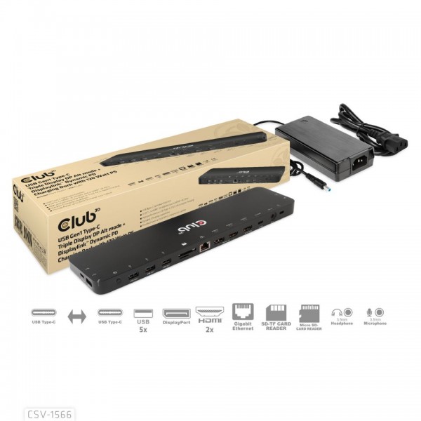 Club 3D Base de carga PD dinámica de triple pantalla USB Gen1 Type-C DP Alt modO Displaylink con 120 W PS