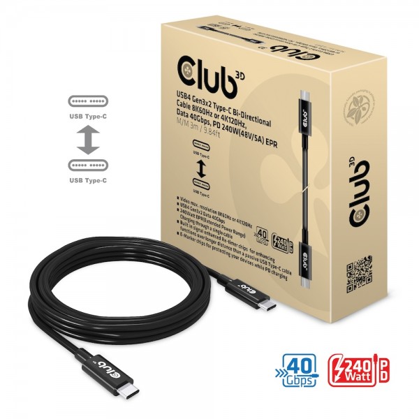 Kabel USB 4.0 C (St) => C (St) 3,0m *Club 3D* bidirektional 8K60Hz oder 4K120Hz, 40Gvps Daten, 240W Power