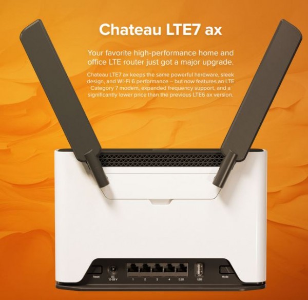 MikroTik Chateau LTE7 ax with two wireless interfaces (2.4 and 5 Ghz), 4x Gigabit, 1x 2.5 GB, S53UG+5HaxD2HaxD-TC&amp;R11e-LTE7