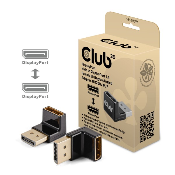 Club3D Adaptador DisplayPort macho a DisplayPort 1.4 hembra 90 grados en ángulo