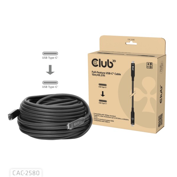Club 3D USB-C AOC-Kabel 8K60Hz 10Gbps 60W 15m