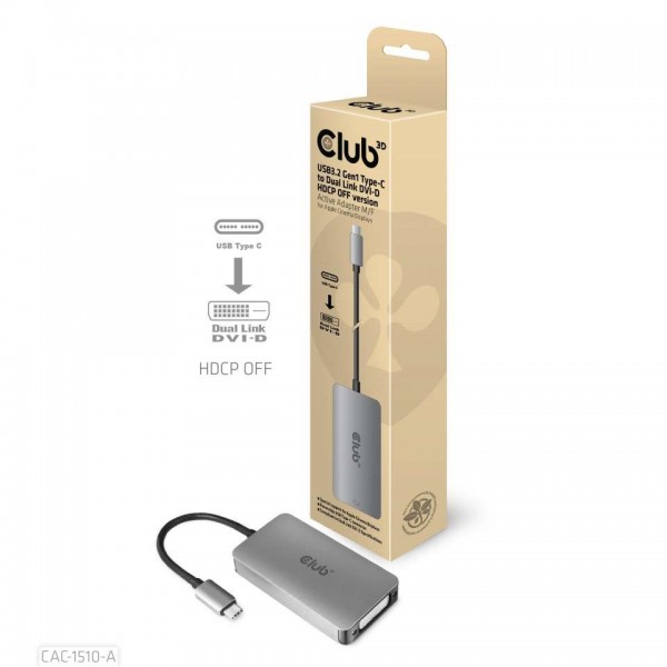 Club 3D Adaptador M/H activo de USB3.2 Gen1 Tipo-C a Dual Link DVI-D versión HDCP OFF para pantallas Apple Cinema