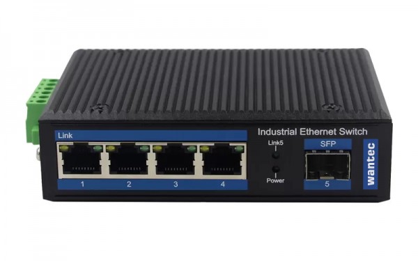 Wantec - Industrial Fiber Ethernet Switch für Hutschiene, 4 Port + 1 SFP