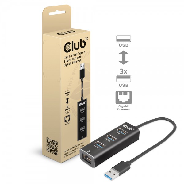 Club 3D Dockingstation - USB 3.2 Gen1 Typ-A, 3 Ports Hub mit Gigabit Ethernet