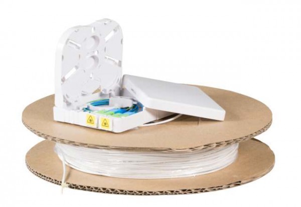 LWL-FTTH-Compact Box vorkonfektioniert, 2xLC/APC(duplex) -&gt; open End, 60m, 9/125u, G.657.A2,