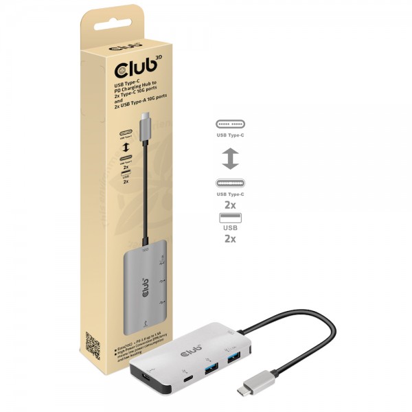 Club 3D Hub de carga USB Gen2 tipo C PD a 2 puertos tipo C 10G y 2 puertos USB tipo A 10G