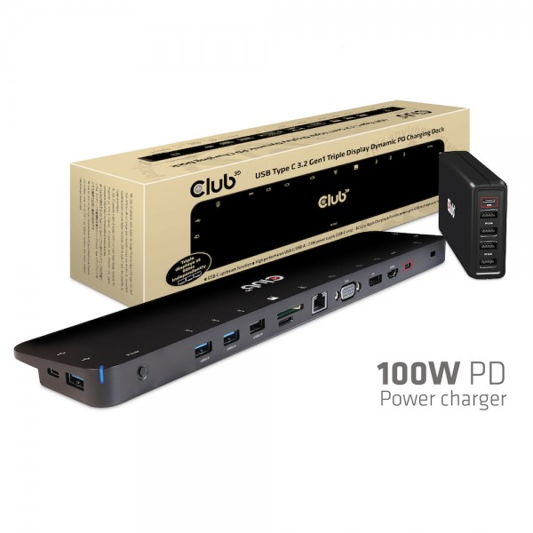 Club 3D USB Tipo C 3.2 Gen1 Triple Display Dynamic PD Dock de carga Cargador de energía PD de 100 W, negro