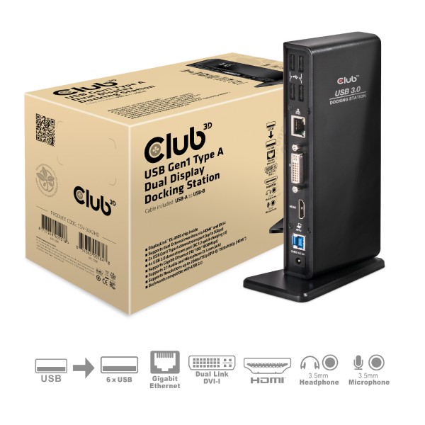 Club 3D Estación de acoplamiento de doble pantalla USB Gen1 tipo A, negro