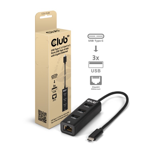 Club 3D Hub USB Tipo-C 3.2 Gen1 a 3 puertos USB Tipo-A con Gigabit Ethernet