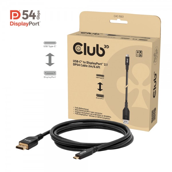 Kabel USB Typ C (St) => DisplayPort 2.1 DP54 Bidirektional 2,0m *Club 3D*