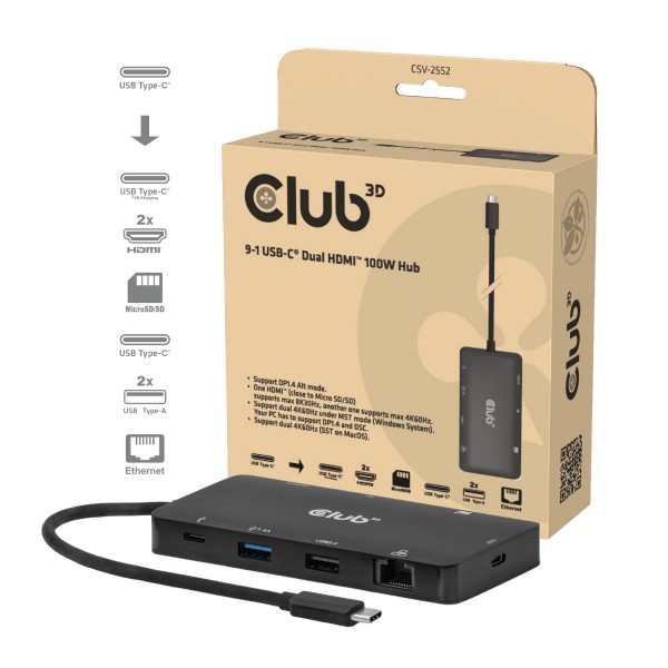 Club 3D Dockingstation - 9 in 1 Hub=>2xHDMI?4K60Hz/SD-TF,2xUSBA/USB C PD/RJ45 *Club 3D*