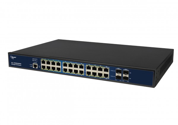 ALLNET Switch full managed Layer2+ 26 Port • 24x GbE • PoE Budget 370W • 22x PoE at • 2x Combo • 2x SFP • 19" • Fanless • JSON API • ALL-SG8626PMJ