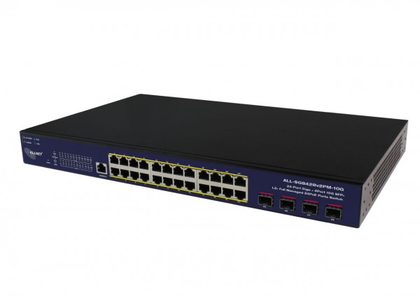 ALLNET Switch smart managed Layer2 28 Port • 24x 1 GbE • PoE Budget 400W • 4x SFP+ • 19" • Fanles • ALL-SG8428v2FPM-10G