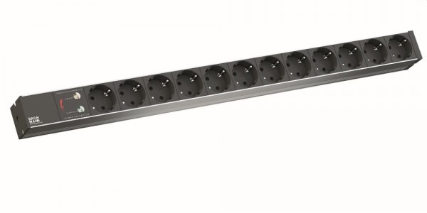 Bachmann Steckdosenleiste, 12xDosen(CEE7)-&gt;Stecker CEE7), 2m, ALU, 1HE, 608mm, 1xÜSS Strom, schwarz,