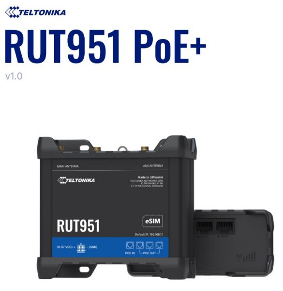 Teltonika RUT951 Router Celular Industrial, con fuente de alimentación PoE+