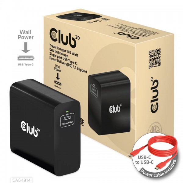 Club 3D Cargador de viaje de 140 W con tecnología GaN, puerto único USB Tipo-C, soporte de Power Delivery(PD) 3.1