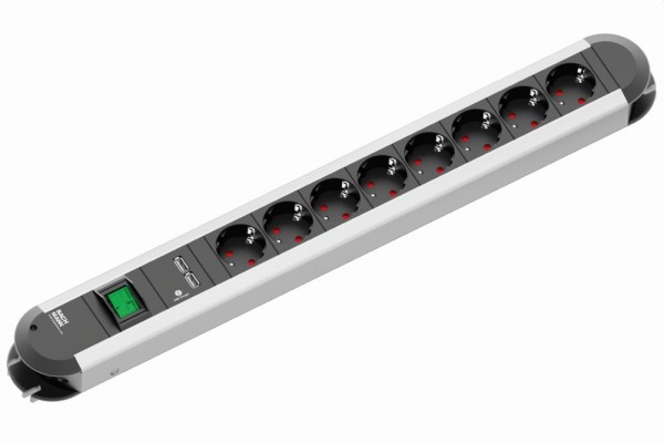 Bachmann Tischsteckdose, 8xDosen(CEE7)->Stecker(CEE7), 1xUSB, 1xSchalter, 2m, PRIMO,