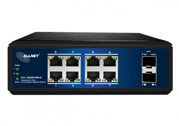 ALLNET Switch industrial unmanaged Layer2 10 Port GbE • 8x GbE • 2x SFP • Fanless • DIN • IP40 • ALL-SGI8108v2