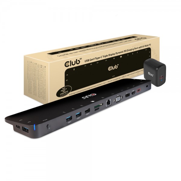 Club 3D Base de carga PD dinámica de triple pantalla USB Gen1 Type-C con PS de 65 W, negro