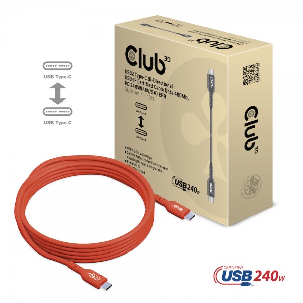 Club 3D Cable certificado USB2 tipo C bidireccional USB-IF Datos 480 Mb, PD 240 W (48 V/5 A) EPR M/M 4 m