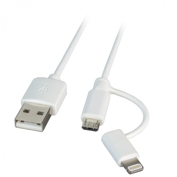 Kabel USB, A(St) => B(St)+Lightning(ST), 1.0m, USB2.0, weiß,