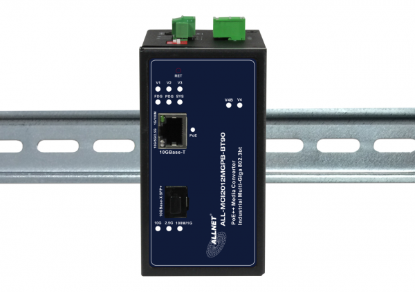 ALLNET Media Converter Industrial PoE (15,4W/30W/60W/90W) 1000BASE-SX/-LX Single-/ Multimode SFP to RJ45 Cooper MultiG Â• Power-Booster 12~57VDC Â• DIN Â• ALL-MCI2011P-60W