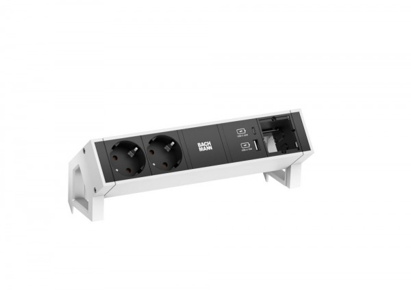 Bachmann Desk2 Steckdosenleiste, 2xDosen(CEE7), 1xUSB A&C 22W, 1xABD, mit Zuleitung 0,2m GST18, weiss lackiert,