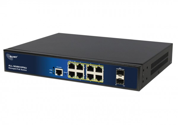 ALLNET Switch full managed Layer2+ 10 Port • 8x GbE • PoE Budget 130W • 8x PoE at • 2x SFP • 19" • Fanless • JSON API • ALL-SG8610PMJ