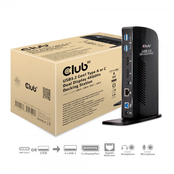 Club 3D Estación de acoplamiento USB3.2 Gen1 tipo A o C con pantalla dual 4K60Hz, negro