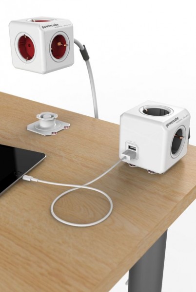 Allocacoc Powercube Extended USB 1,5m, blanco/gris