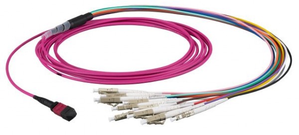 LWL-MTP®-Female-LC Patchkabel OM4 LowLoss, 12 Faser(Fanout,Pin1-12)-&gt; 6xLC duplex, 5m, 50/125u,