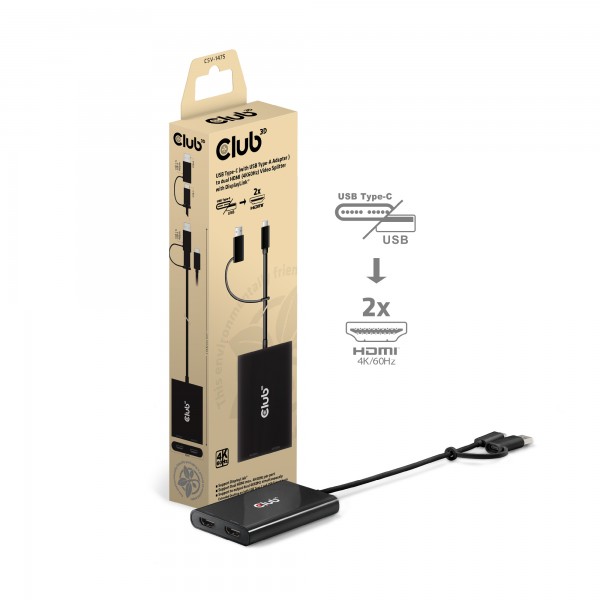 Club3D Video Splitter de USB Tipo-C a HDMI dual con DisplayLink