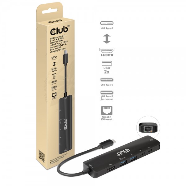 Club 3D USB Tipo-C 3.2 Gen1, concentrador 6 en 1 con HDMI 8K30Hz-4K120Hz, 2xUSB Tipo-A, RJ45 y 2xUSB Tipo-C, carga de datos y PD de 100 W