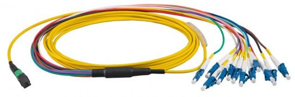 LWL-MTP®-Female-LC Patchkabel OS2 LowLoss, 12 Faser(Fanout,Pin1-12)-&gt; 6xLC duplex, 3m, 9/125u,