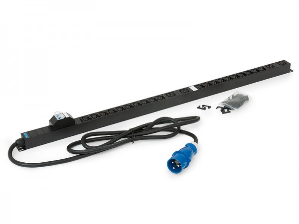 Triton 19"Schrank,zbh. Steckdosenleiste, 20xDosen(C13), 4x(C19)->Stecker 32 A IEC60309, 3m, blauer 1phasiger Stecker