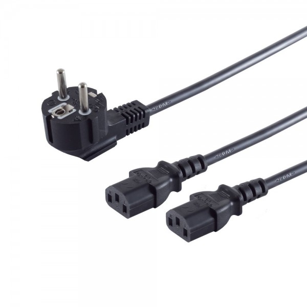 Netzkabel 230V Schutzkontakt CEE7(Stecker)-&gt;2xKaltgeräte IEC-C13(Buchse), 1,8m, Schwarz, Y-Netzanschlusskabel