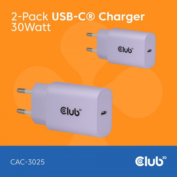 Club 3D Netzteil USB Typ C 1-fach 30W LIFESTYLE *Lila* 2-Pack