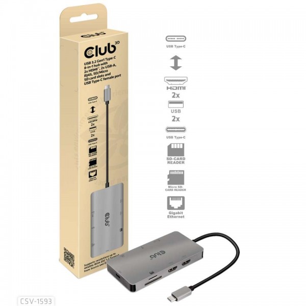 Club 3D USB3.2 Gen1 Tipo-C hub 8-en-1 con 2x HDMI, 2x USB-A, RJ45, ranuras de expansión SD/MicroSD y puerto hembra USB3.2 Gen1 Tipo-C